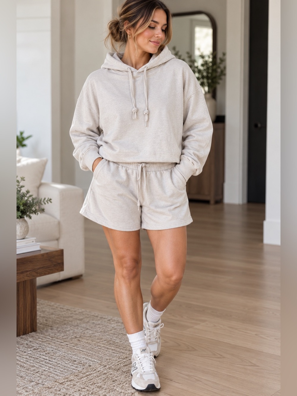 Cream Cropped Hoodie Sweat Shorts Matching Lounge Set Size L